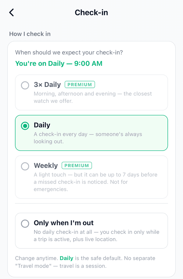 The Check-in settings screen: 3× Daily, Daily, Weekly, and Only when I'm out