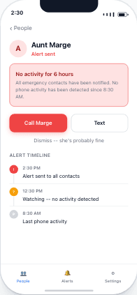 Alert detail — Aunt Marge with call and text action buttons