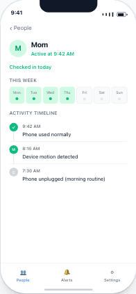Person detail — Mom's activity timeline and check-in history