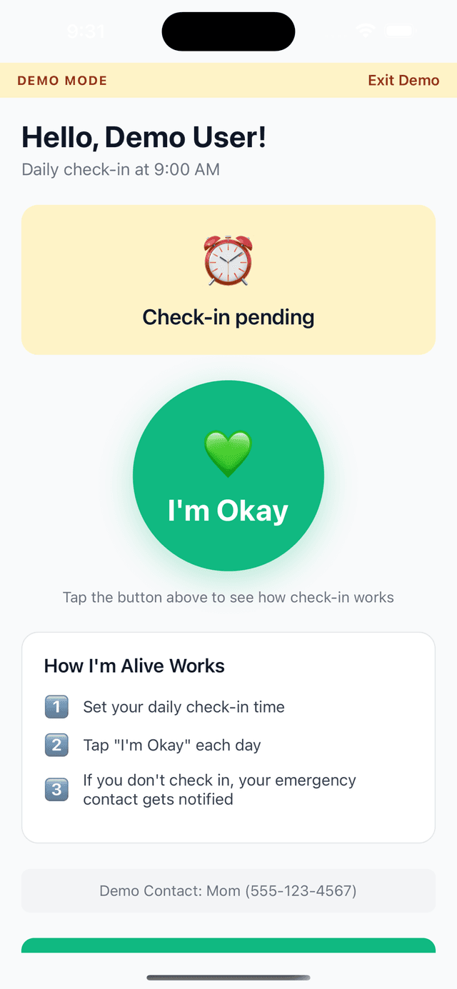 I'm Alive check-in screen