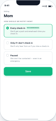 Contact edit screen with the three notification options. "Every check-in" is selected and shown with a green border and "Recommended" badge.