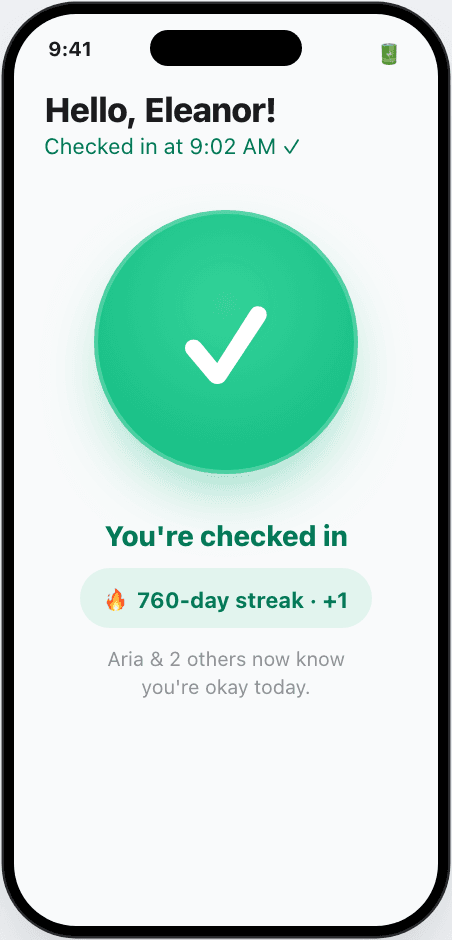 I'm Alive check-in confirmation — you're checked in and your circle knows