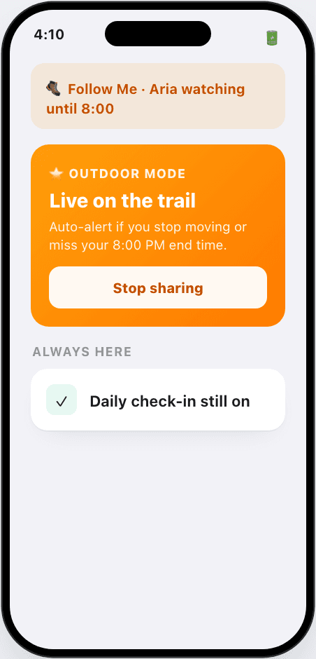 I'm Alive Follow Me — outdoor sessions that auto-alert if you stop or miss your end time