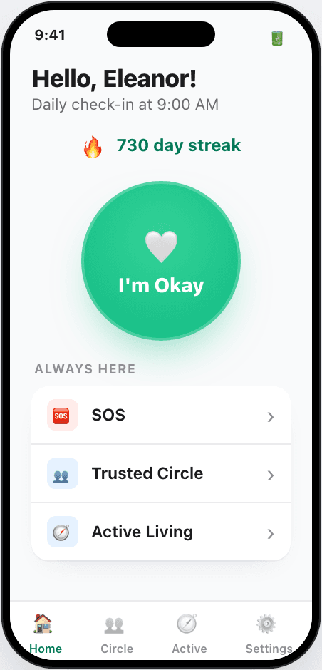 I'm Alive daily check-in home screen — one tap to say you're okay